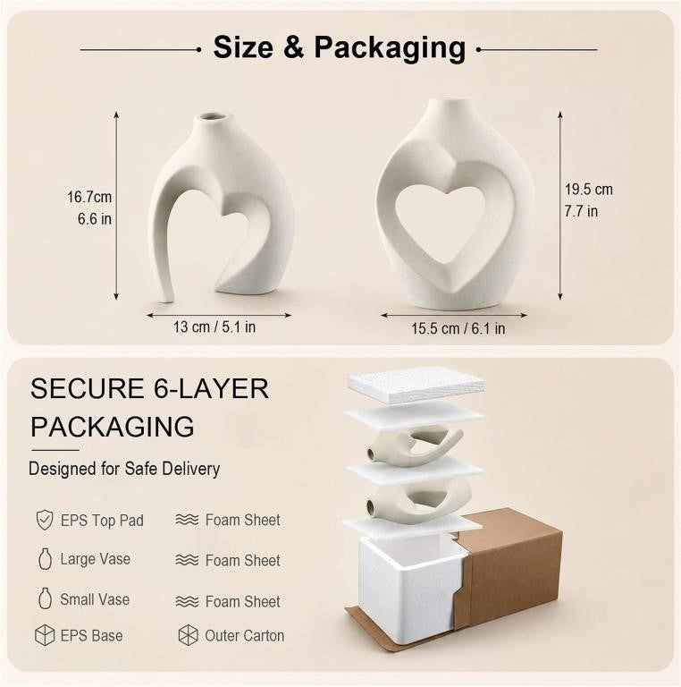 Set of 2 Zormon Heart-Shaped Ceramic Vases – White/Beige Home Décor