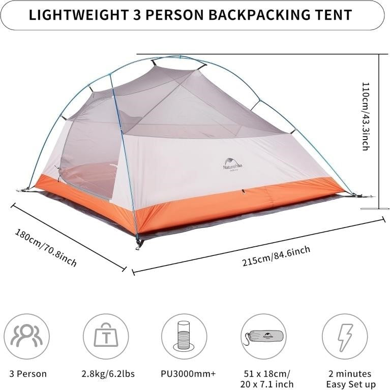 Naturehike Upgraded Cloud Up 3-Person Lightweight Backpacking Tent