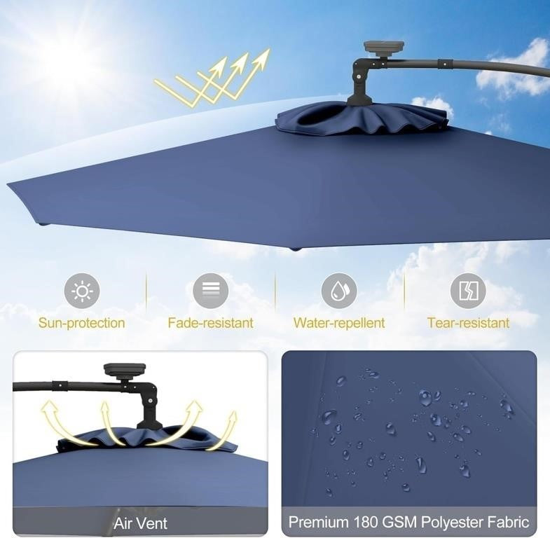 10 FT Offset Patio Umbrella with Lights – Navy Blue – NEW