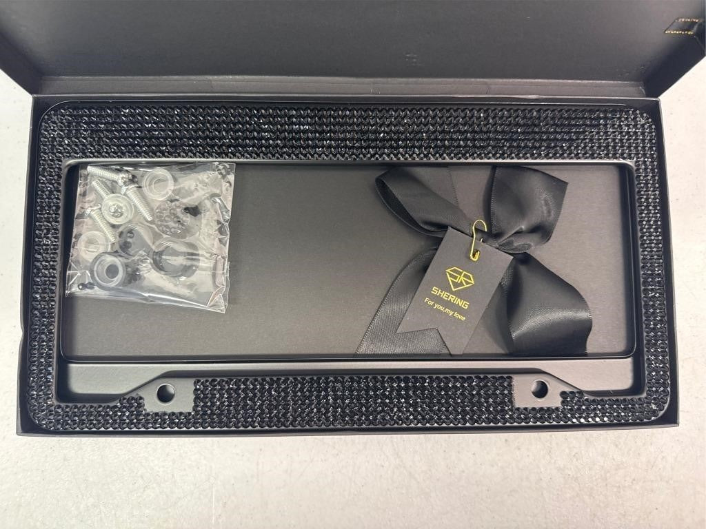 SHERING Bling Rhinestone License Plate Frame – Black Crystal – Gift Box