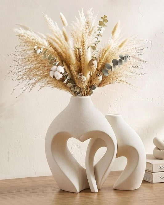 Set of 2 Zormon Heart-Shaped Ceramic Vases – White/Beige Home Décor
