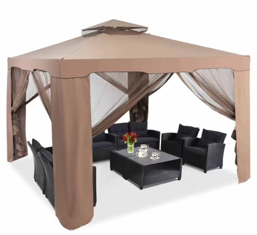 10' × 10' Outdoor Patio Gazebo with Mosquito Netting & Privacy Curtains