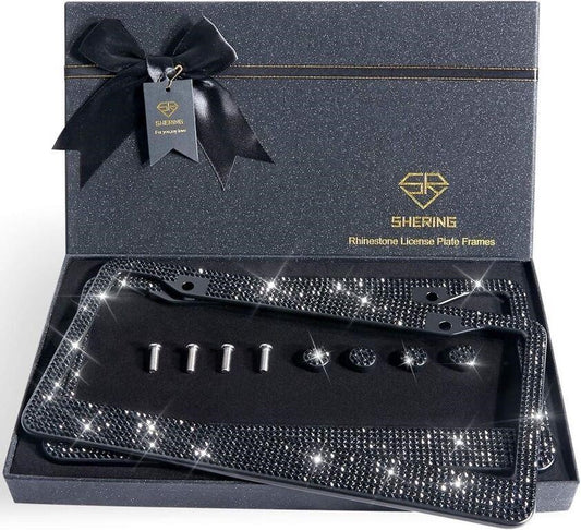 SHERING Bling Rhinestone License Plate Frame – Black Crystal – Gift Box