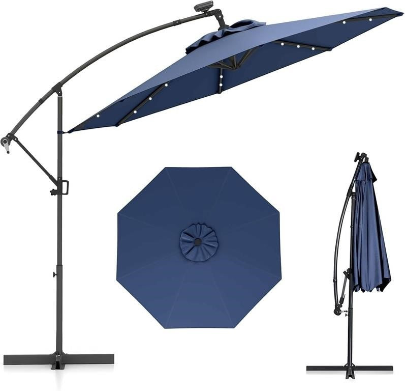10 FT Offset Patio Umbrella with Lights – Navy Blue – NEW