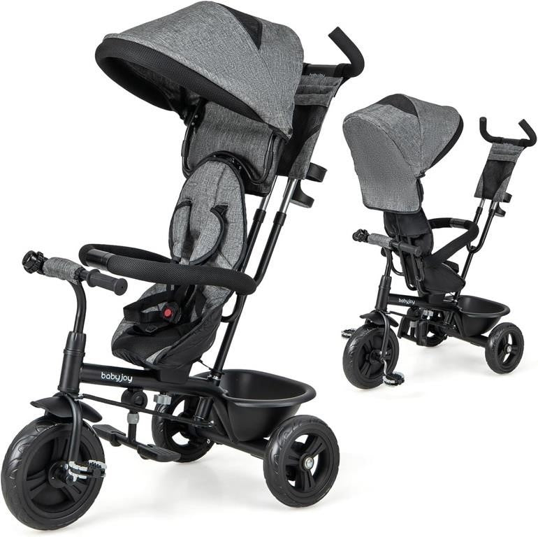 BABY JOY 4-in-1 Kids Tricycle with Canopy & Basket – Grey