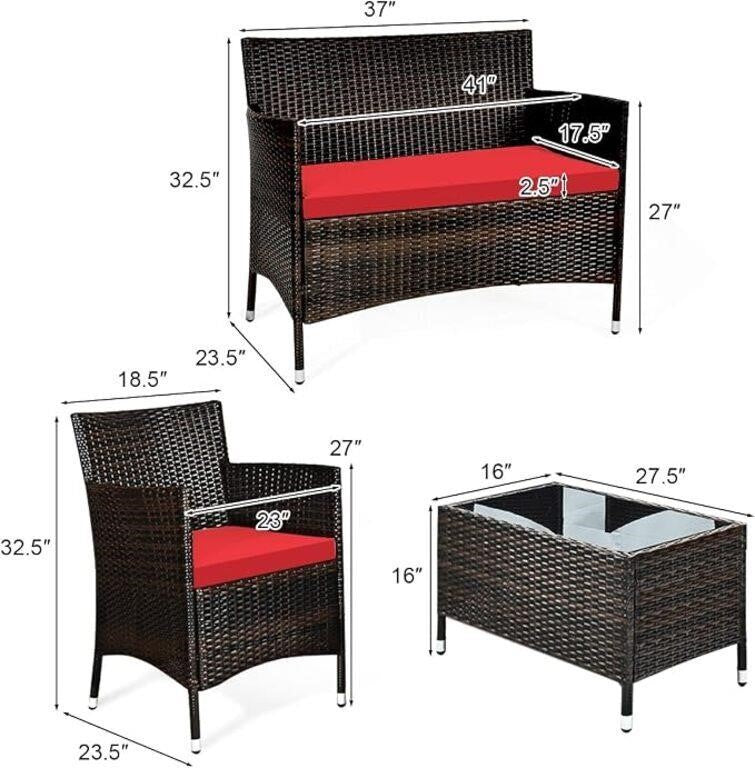 4-Piece Outdoor Patio Furniture Set – Black Wicker with Red Cushions