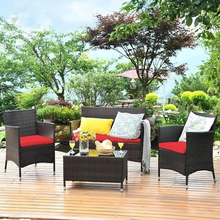 4-Piece Outdoor Patio Furniture Set – Black Wicker with Red Cushions