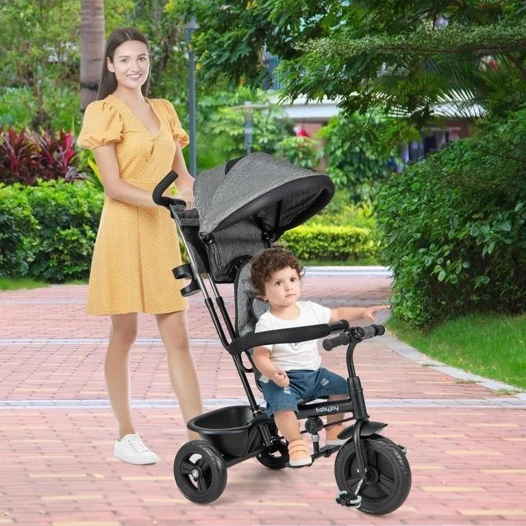 BABY JOY 4-in-1 Kids Tricycle with Canopy & Basket – Grey